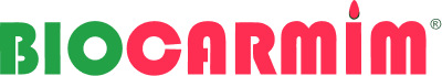 logo da empresa Biocarmim com a escrita "Bio" em verde e "carmim" em rosa.