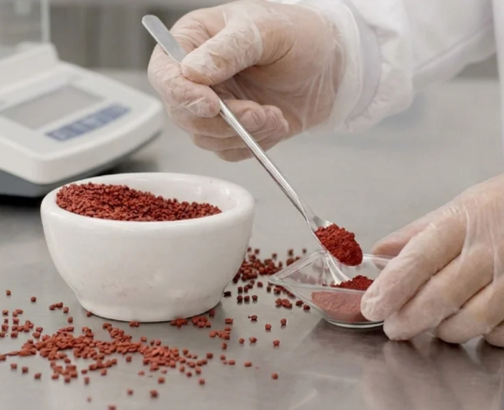 Técnico de laboratório pesa e analisa grânulos e pó de corante natural vermelho para controle de qualidade Biocarmim