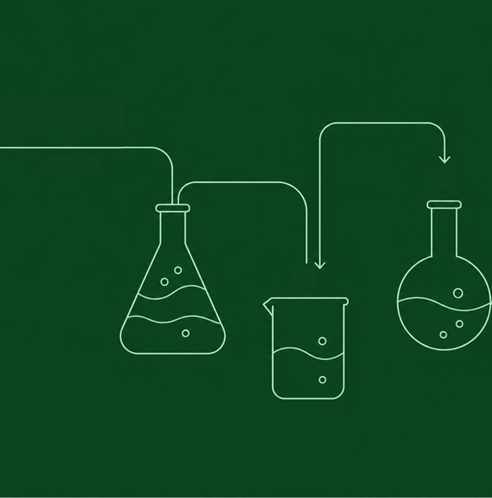 Ilustração do processo de extração e purificação do corante natural Biocarmim em frascos e balões de laboratório